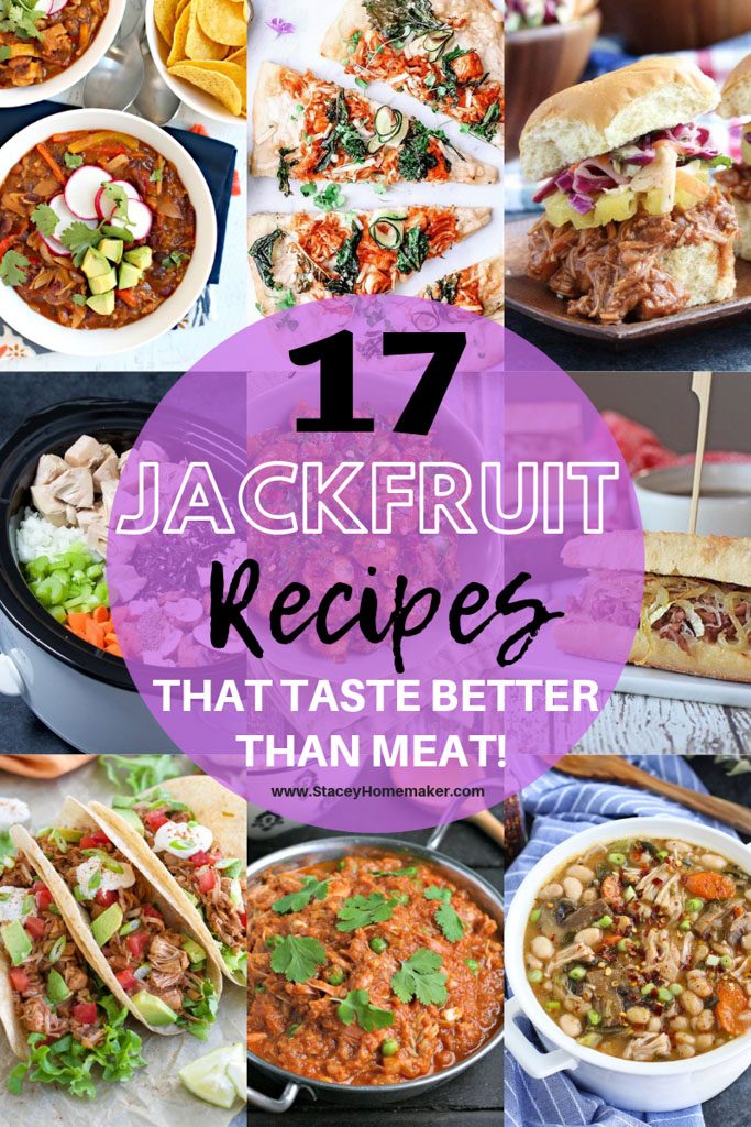 A photo collage of 9 jackfruit recipes like soup, sandwiches, and tacos.