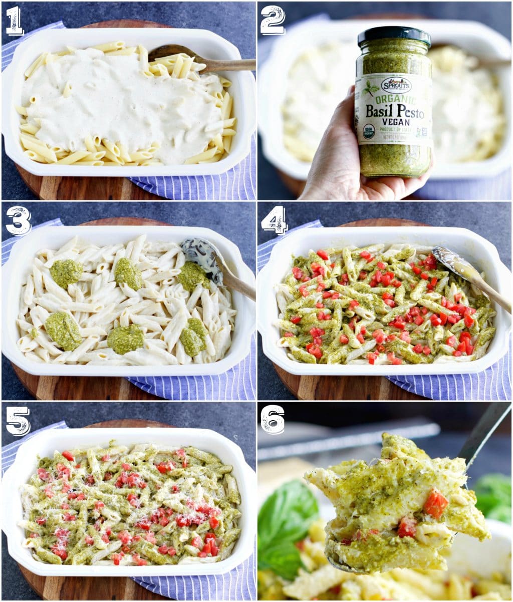 A photo collage showing how to make a vegan pasta bake in 6 easy steps. 