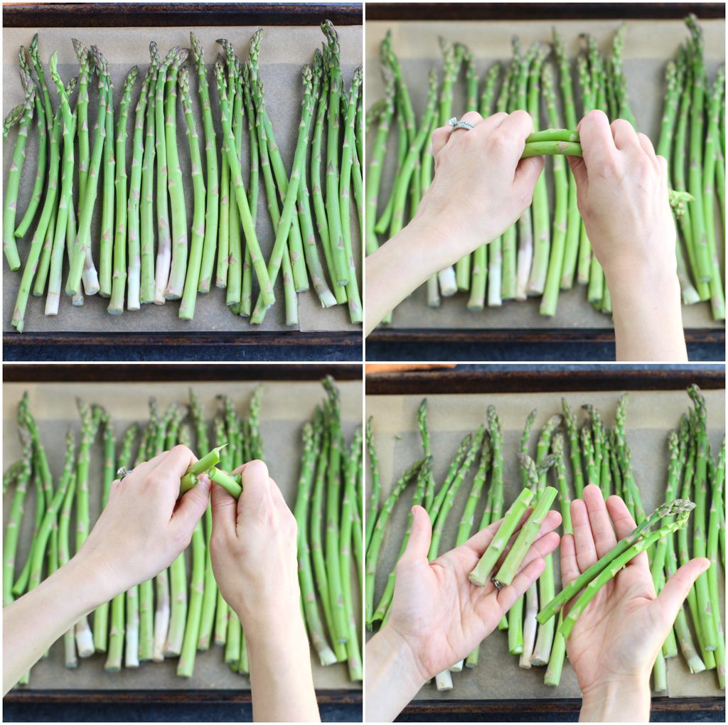 A photo collage showing how to trim asparagus ends before roasting it. 