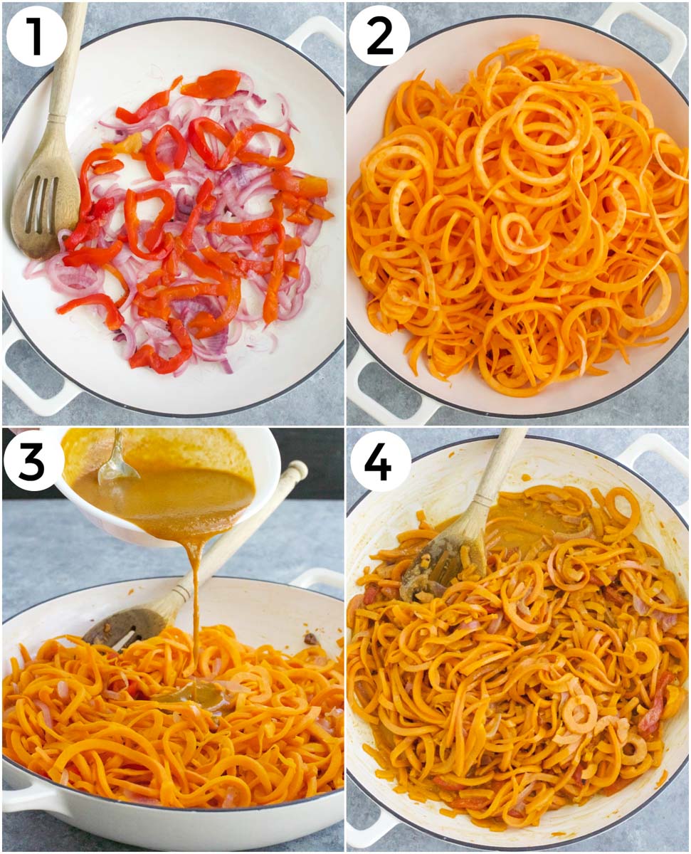 A photo collage showing how to make vegan peanut noodles with sweet potatoes in 4 easy steps. 