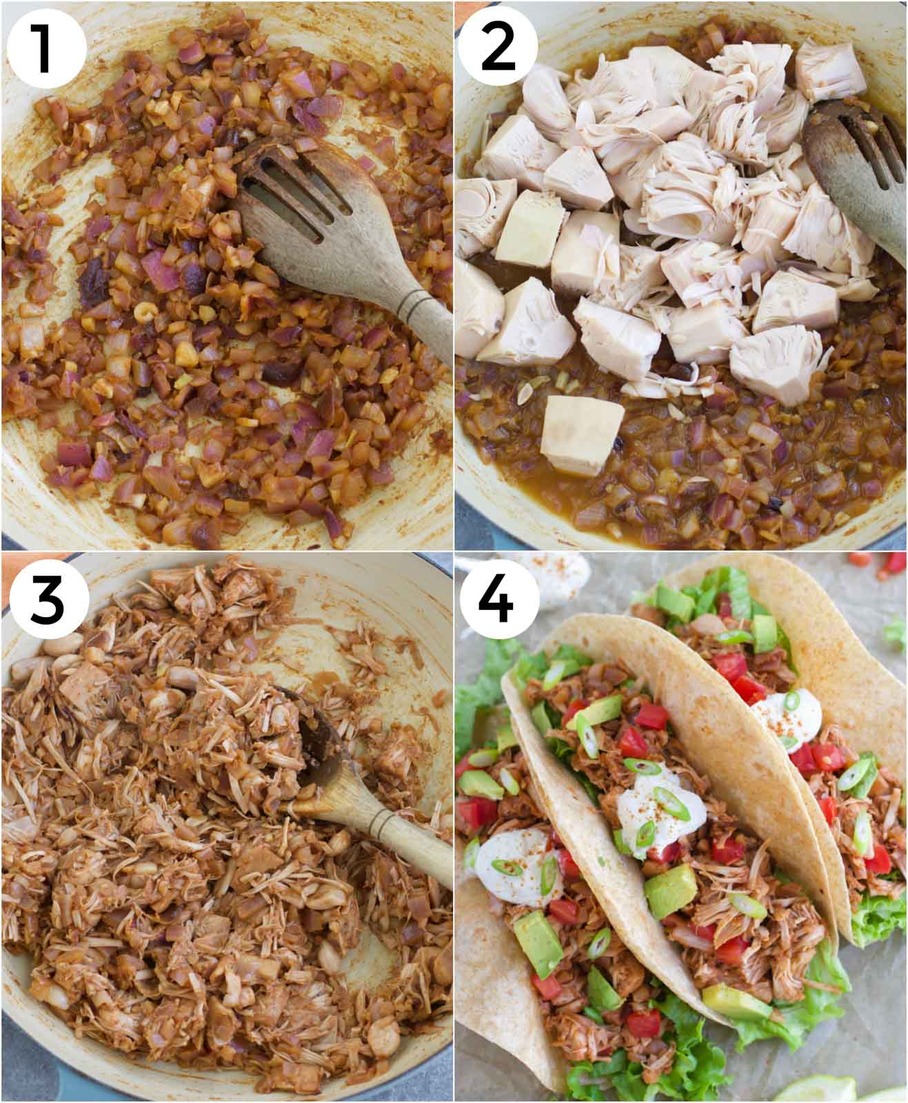 Photo collage showing how to make vegan pork tacos step by step. 