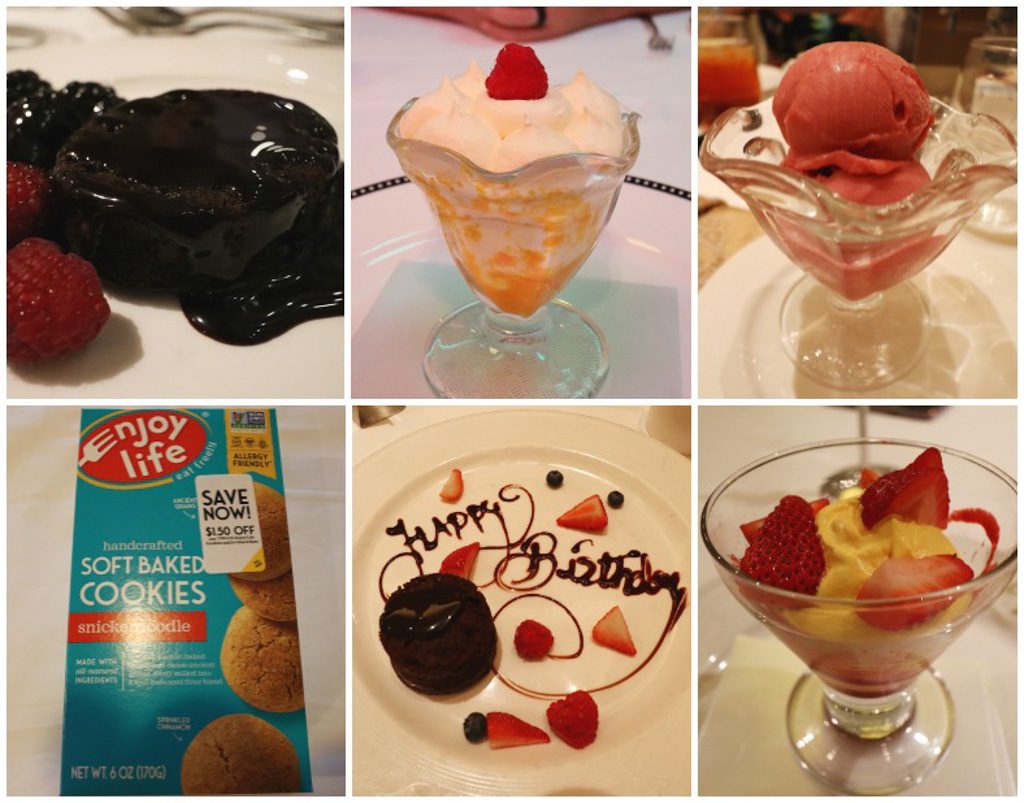 A collage of photos that shows the vegan dessert options on a Disney cruise. 