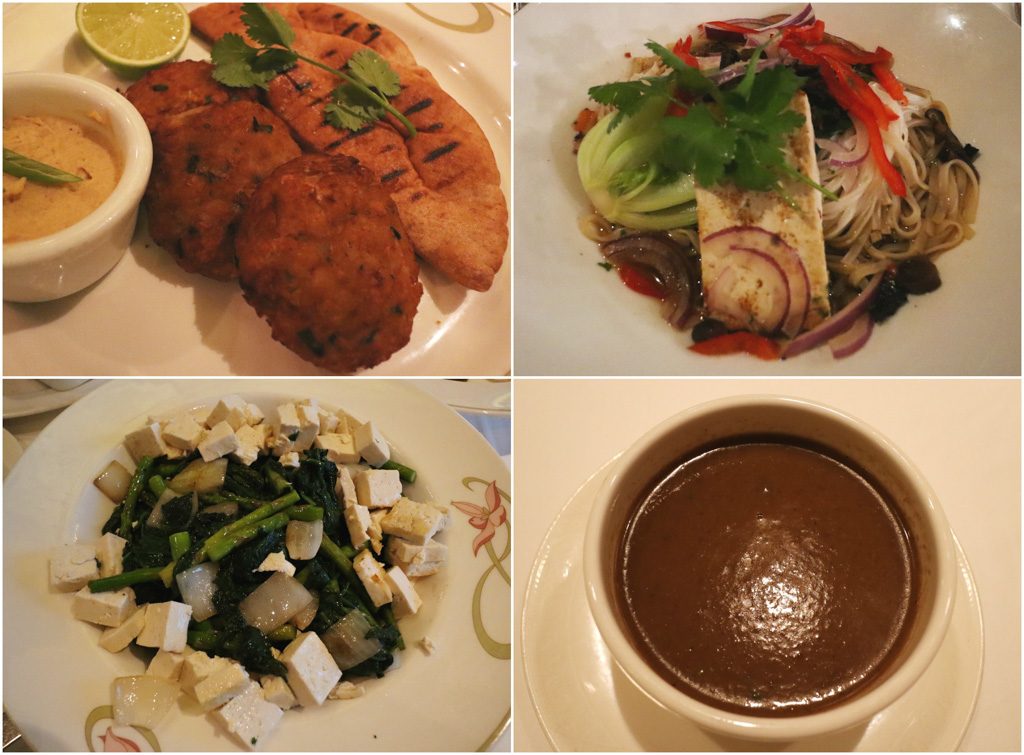 A photo collage of vegan food options that you can order on a Disney cruise. 