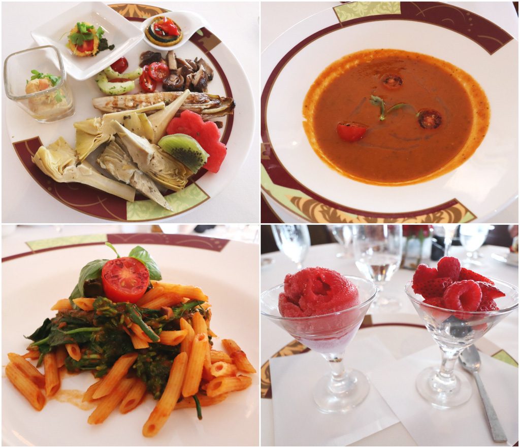 A collage of photos showing the vegan food options available at Palo brunch on a Disney cruise. 