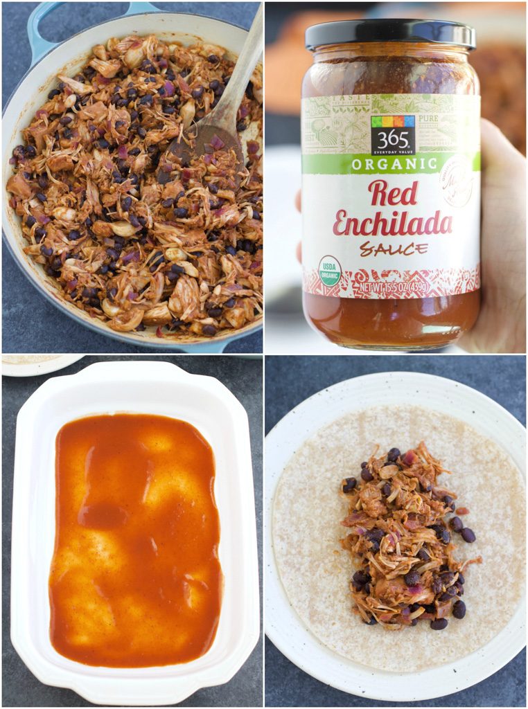 A photo collage showing how to make enchiladas in just a few easy steps. 