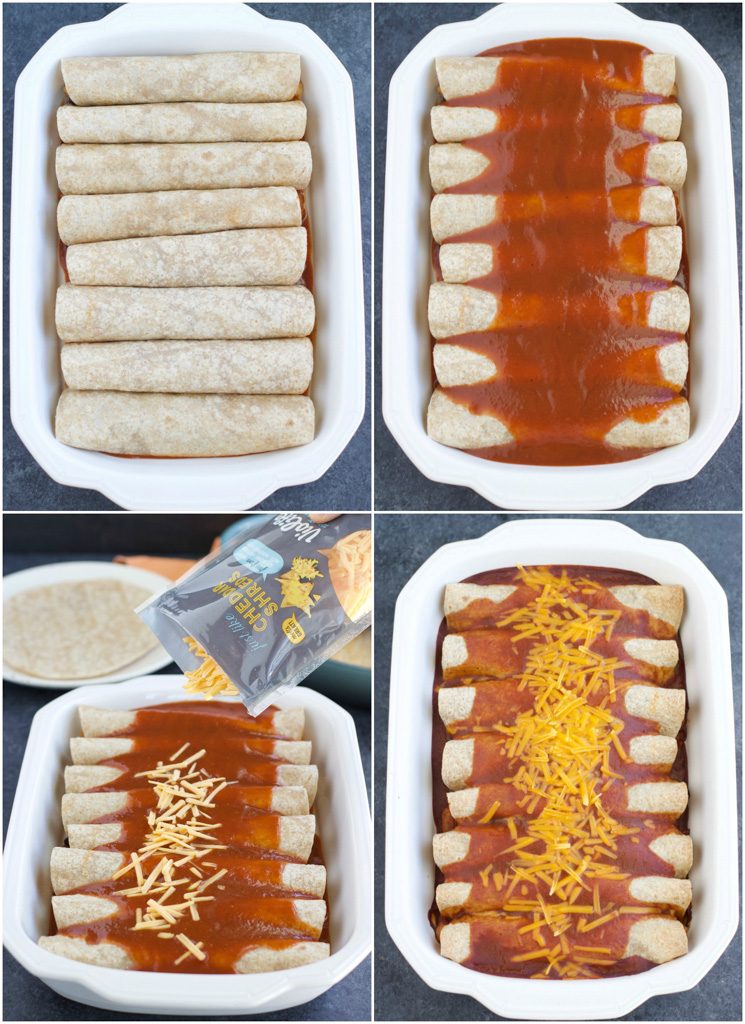 A photo collage showing how to make enchiladas in just a few easy steps. 