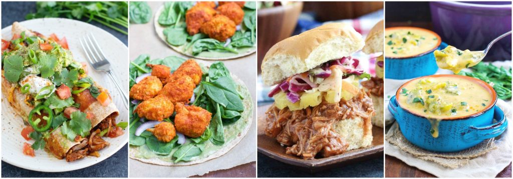 A collage of photos showing delicious vegan recipes. 