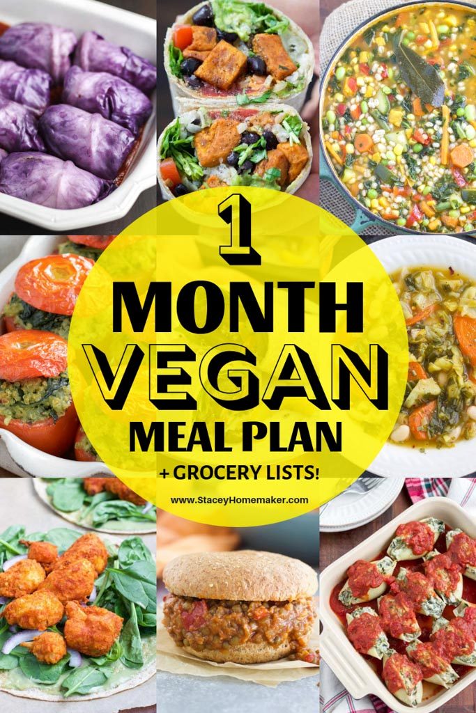 A photo collage with the title, "1 Month Vegan Meal Plan + Grocery Lists!"