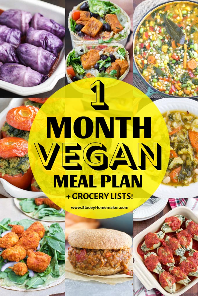 A photo collage showing vegan meals that are part of a 1 Month Vegan Meal Plan + Printable Vegan Grocery List.