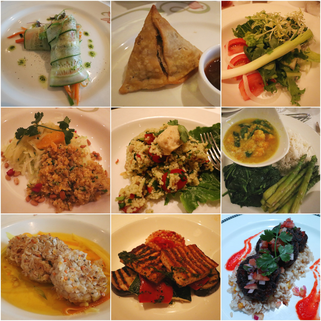 A photo collage of vegan food options available on a Disney cruise. 