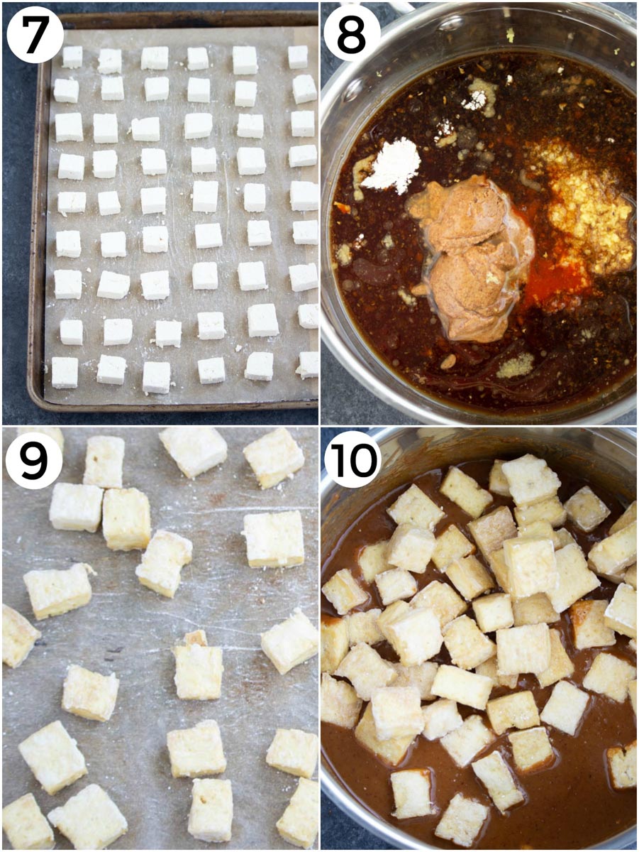 A photo collage showing how to make ginger tofu in a few easy steps. 