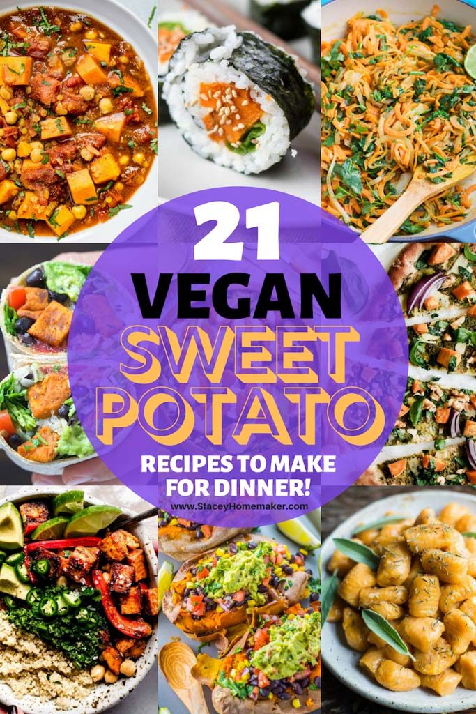 A photo collage of 21 vegan sweet potato recipes.