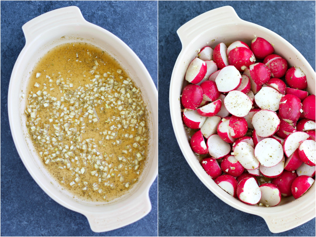 A collage of pictures showing how to make the recipe in a casserole dish in two easy steps.