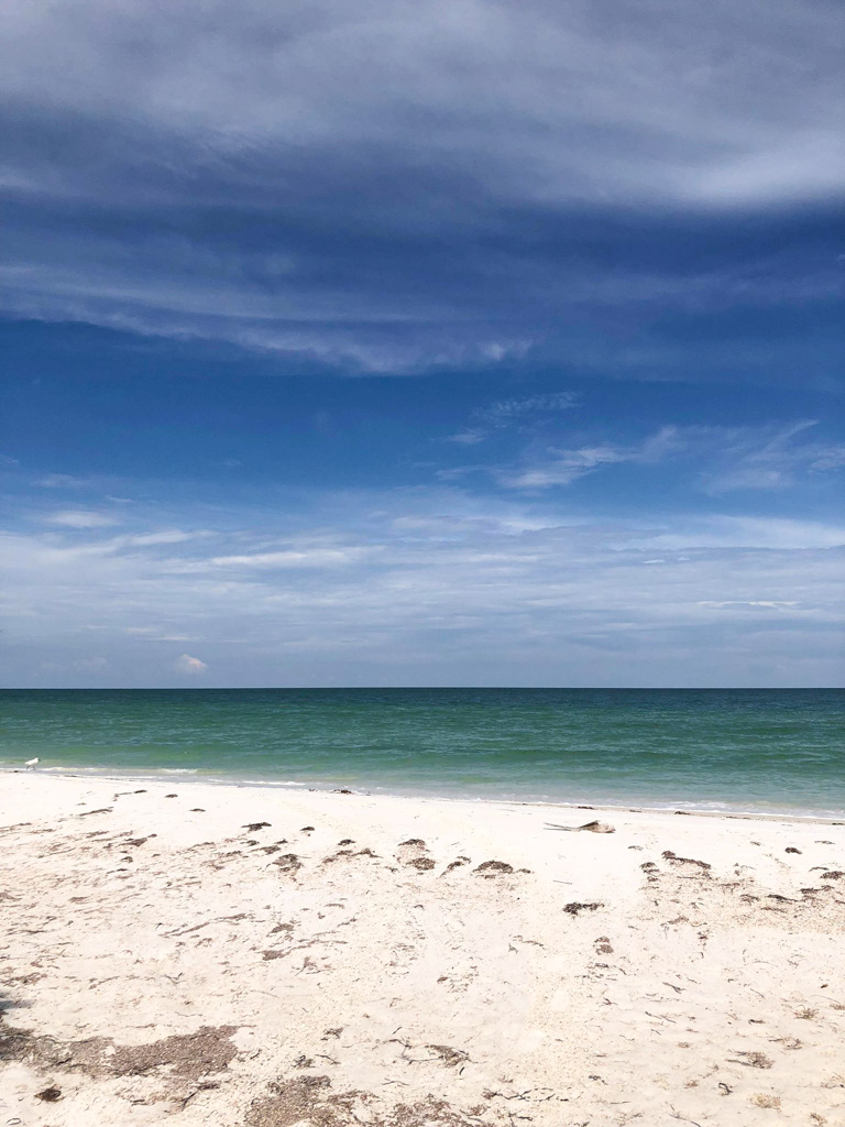 View of the sky, water, and the shore on the beach at Caladesi Island.