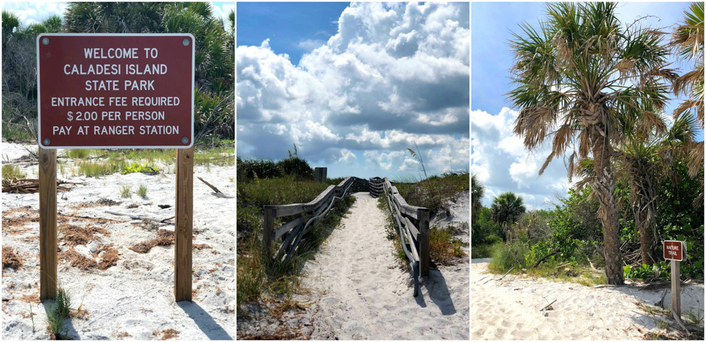 A photo collage showing the "Welcome to Caladesi Island" sign and the nature trail. 