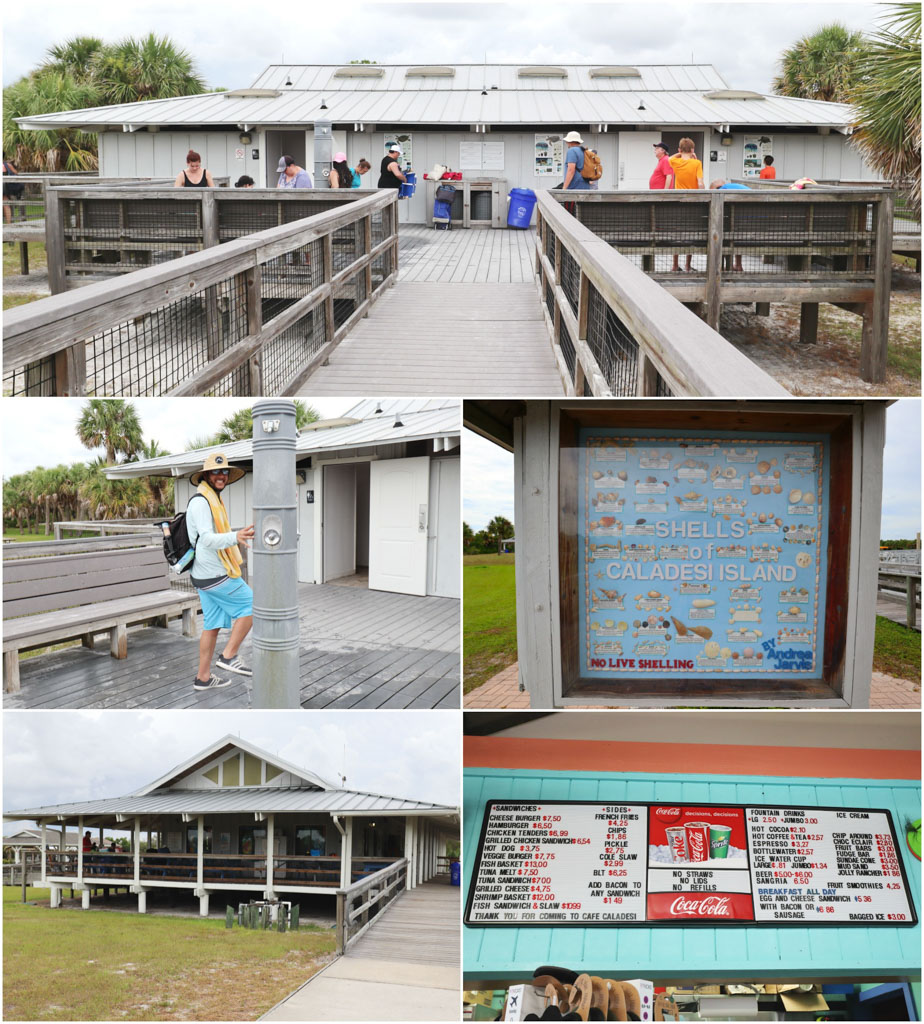 Collage of pictures showing what the Caladesi Island cafe and visitor center looks like. 
