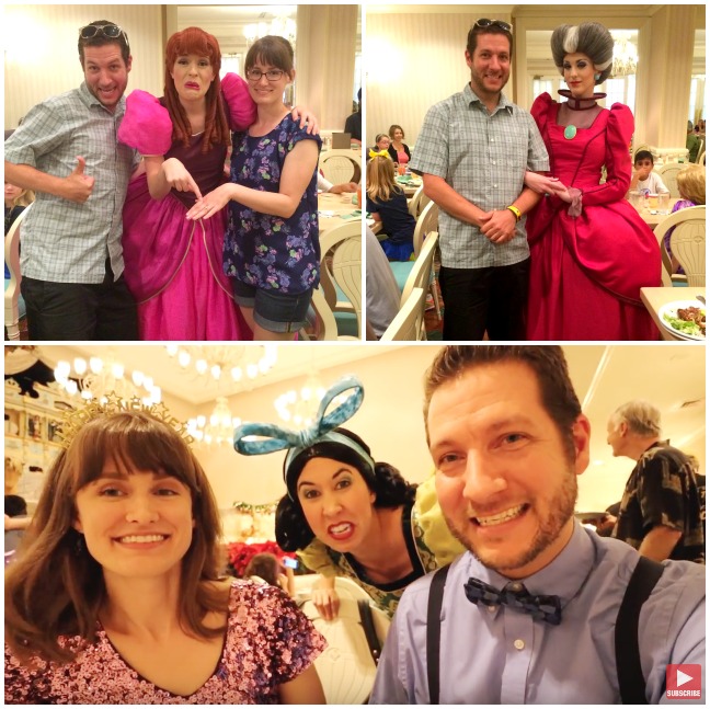 A collage of images showing the charasters interacting with guests at 1900 Park Fare in the Grand Floridian Resort.