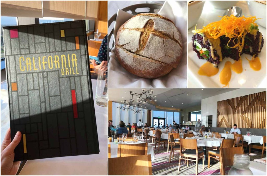 A collage of images showing the inside of Disney's California Grill restaurant, bread service, and vegan sushi roll, and the menu. 