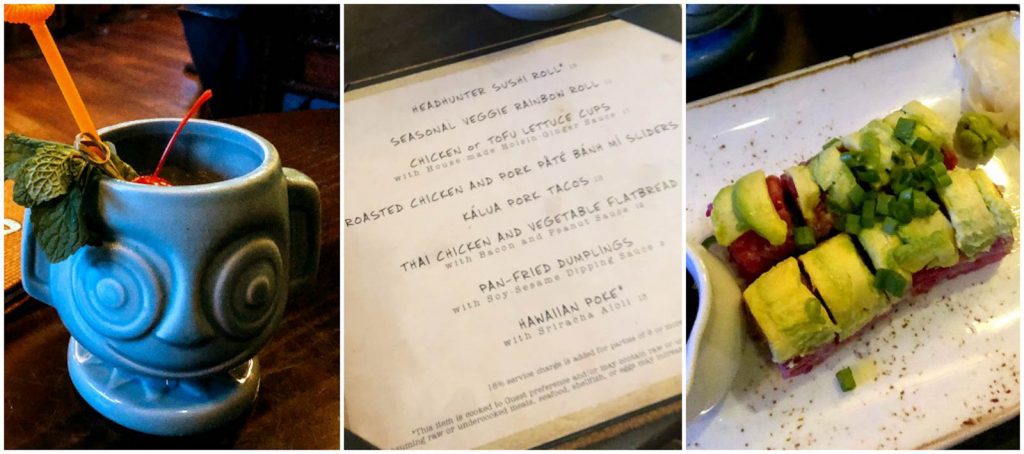 A collage of images showing the drinks, menu, and food at Trader Sam's Grog Grotto at the Polynesian Resort in Disney World. 