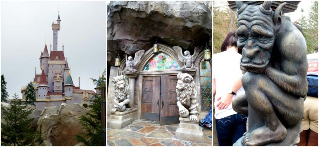 A collage of images showing the Beast Castle, entrance, and gargoyles in Fantasyland at Disney World. 