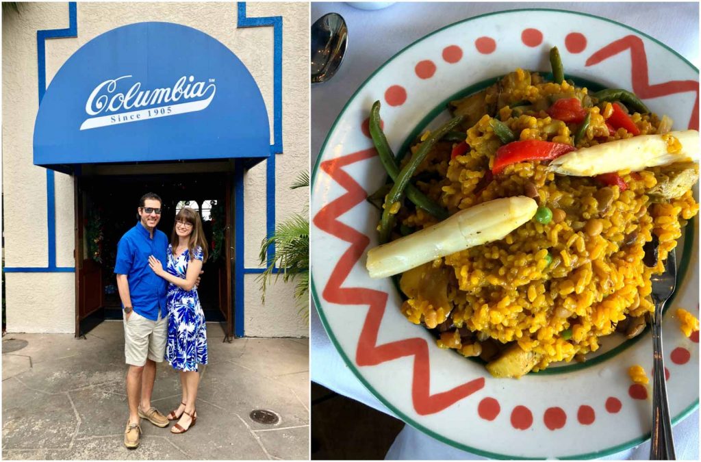 A happy couple standing at the entrance to Columbia restaurant and a dish of the Columbia's vegetable paella. 
