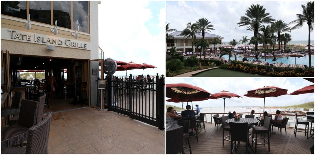 A collage of the entrance, pool deck, and seating area at Tate Island grill at the Sandpearl Resort on Clearwater Beach. 