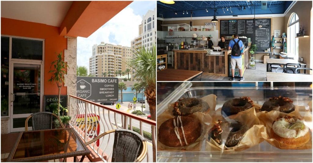 The entrance and inside view of Bassimo Cafe on Clearwater Beach, Florida. 