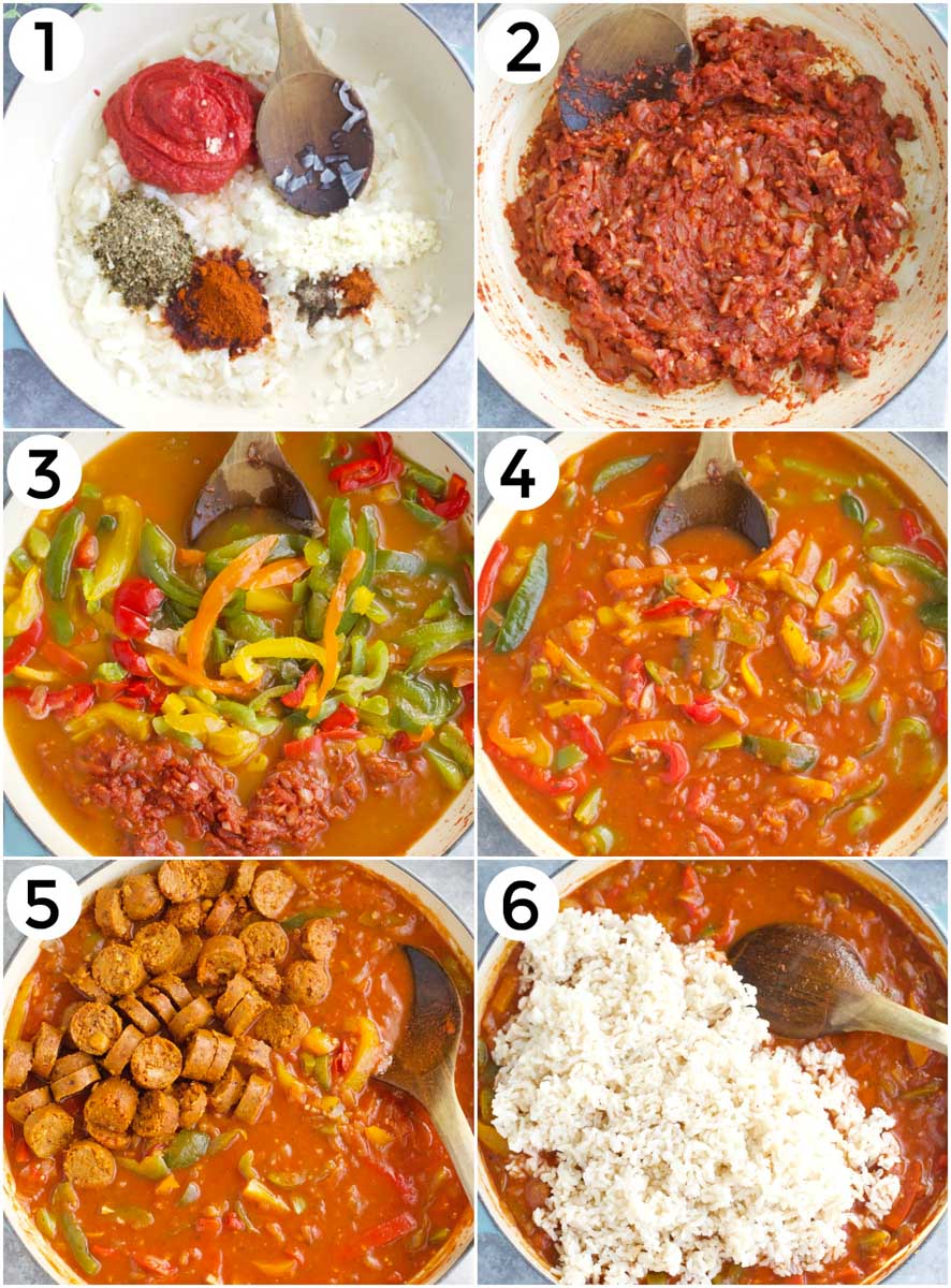 A photo collage showing how to make vegan sausages with peppers and rice.