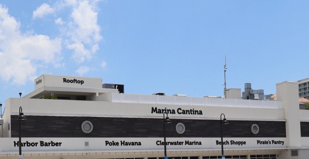 The outside view of Marina Cantina and the rooftop bar in Clearwater Beach. 