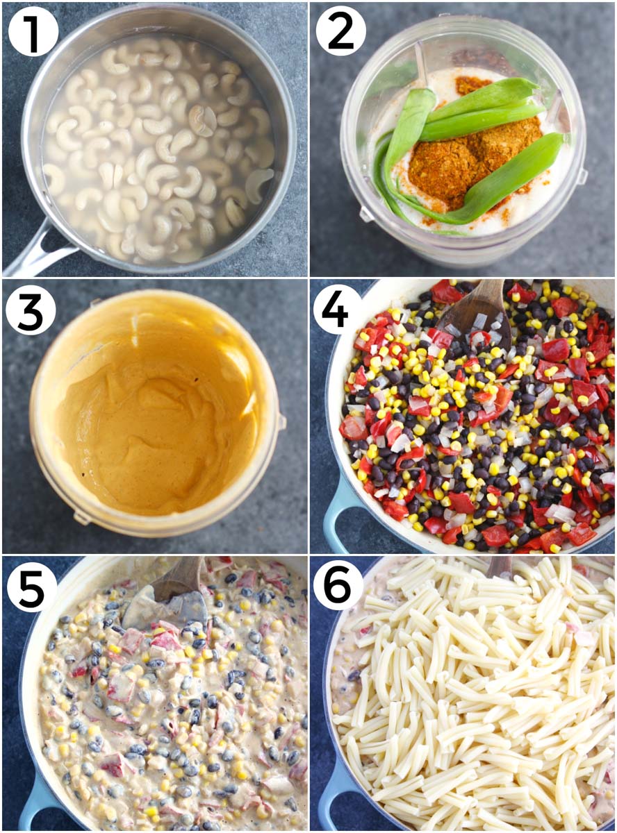 A collage of pictures showing how to make vegan pasta salad. 