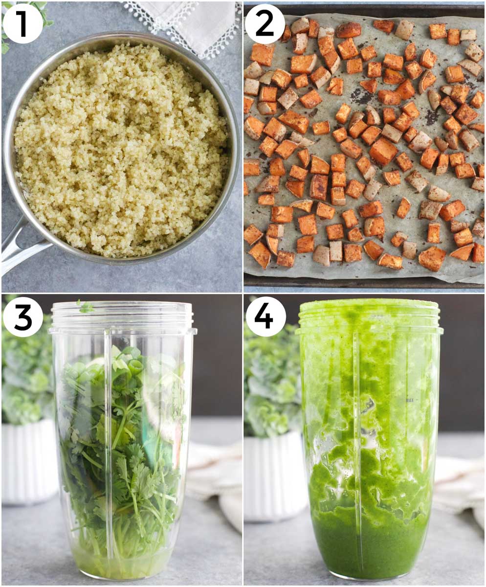 A photo collage showing how to make vegan burritos in 4 easy steps. 