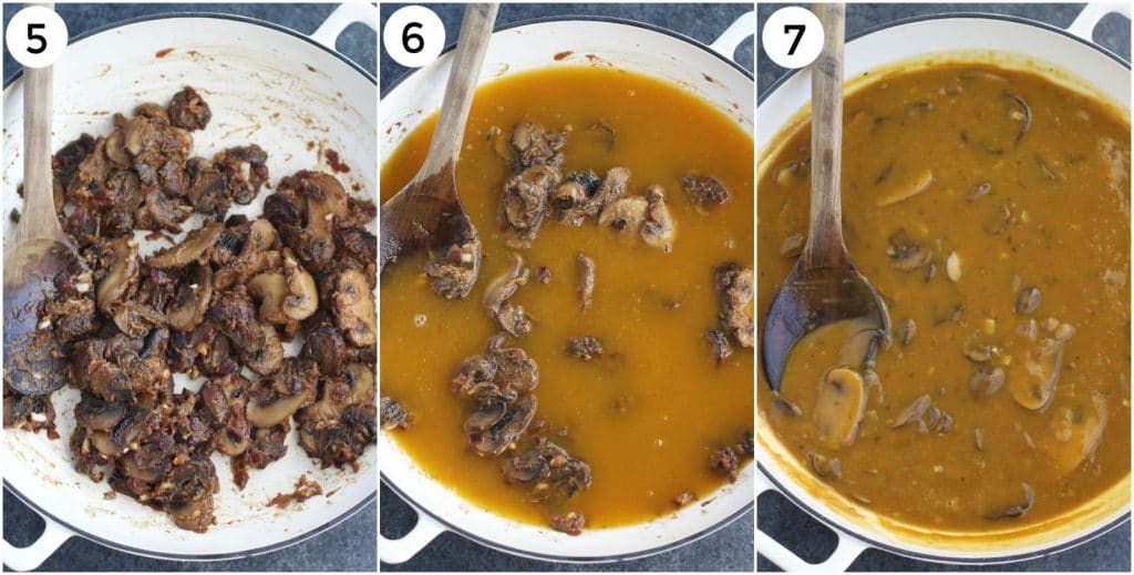 A photo collage showing how to make gravy in a few easy steps. 