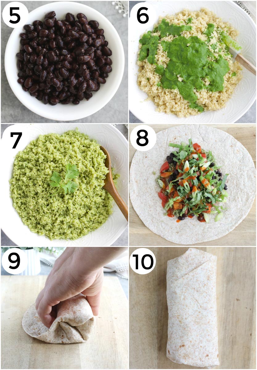 A photo collage showing how to make vegan burritos in 6 steps. 