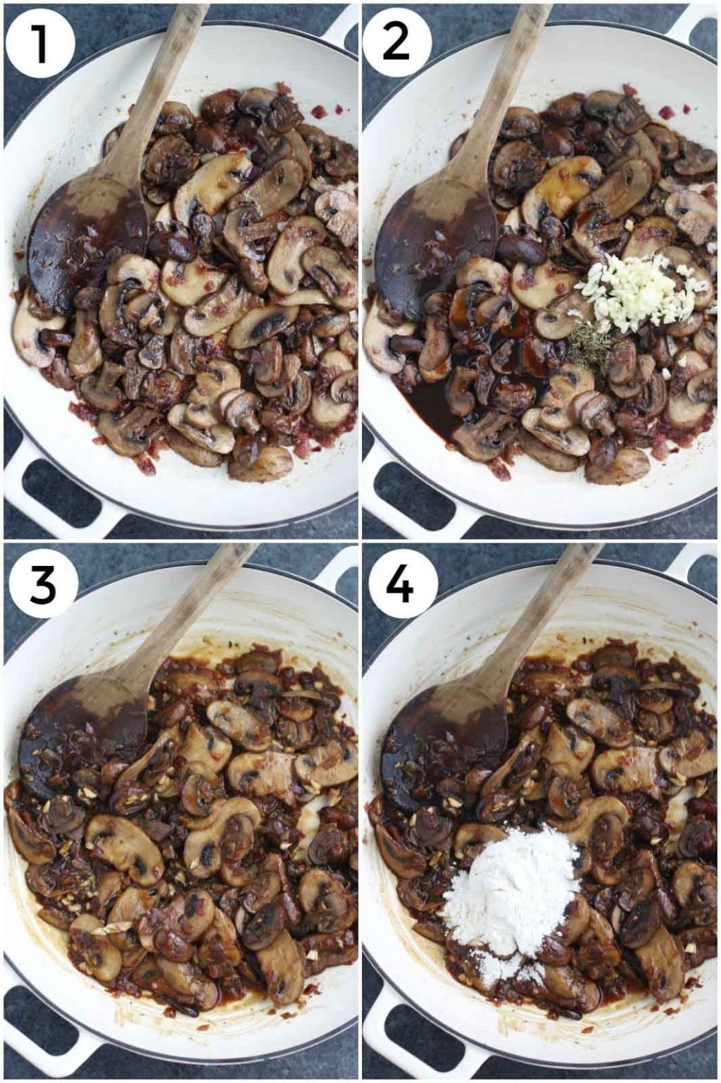 A photo collage showing how to make vegan mushroom gravy in a few easy steps.