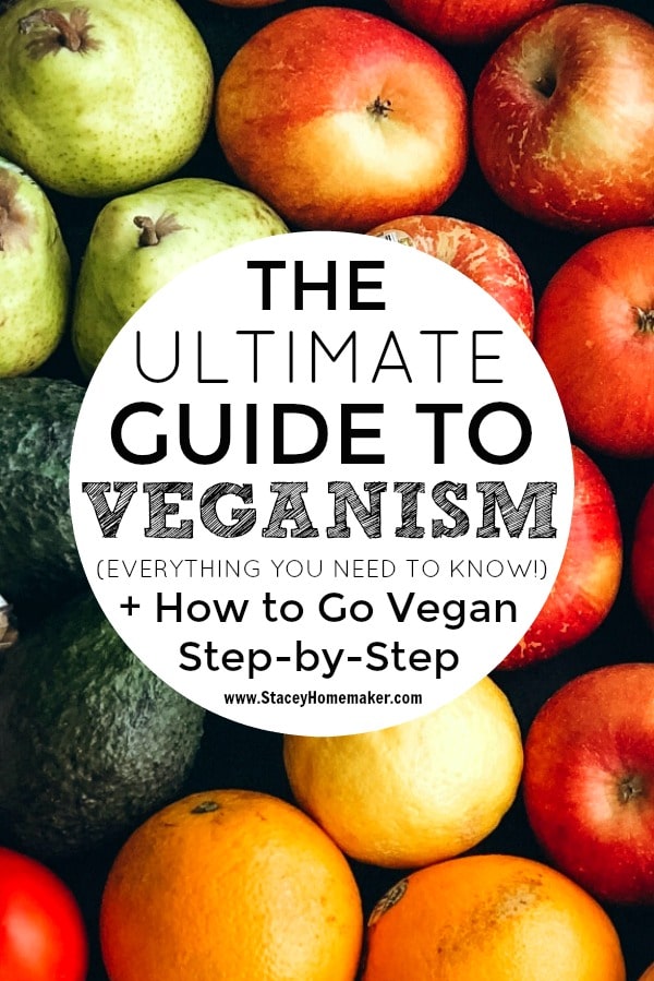 A white circular label that says, "The Ultimate Guide to Veganism + How to go vegan step-by-step" over a background of fresh fruit.
