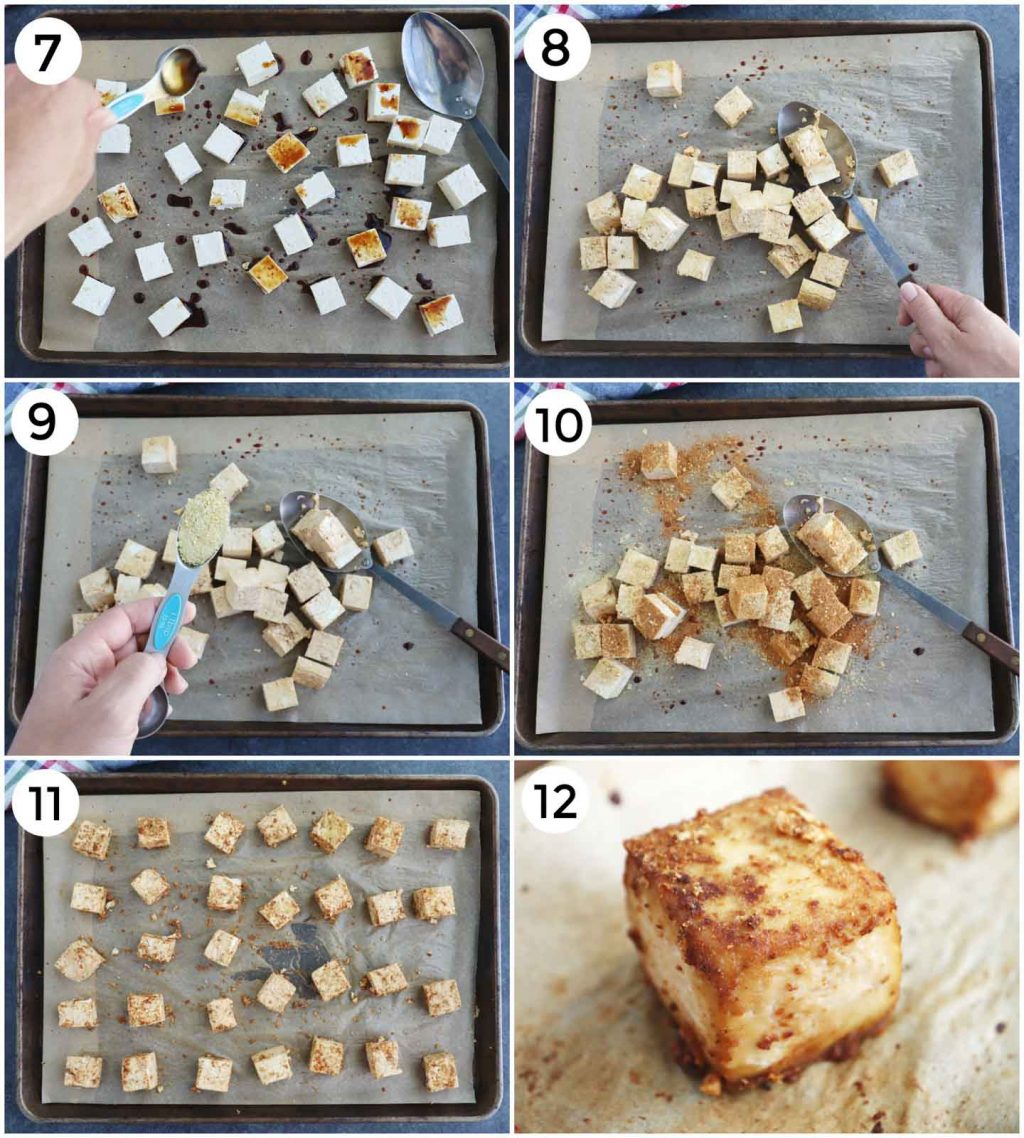 A photo collage showing how to make baked tofu in a few easy steps. 