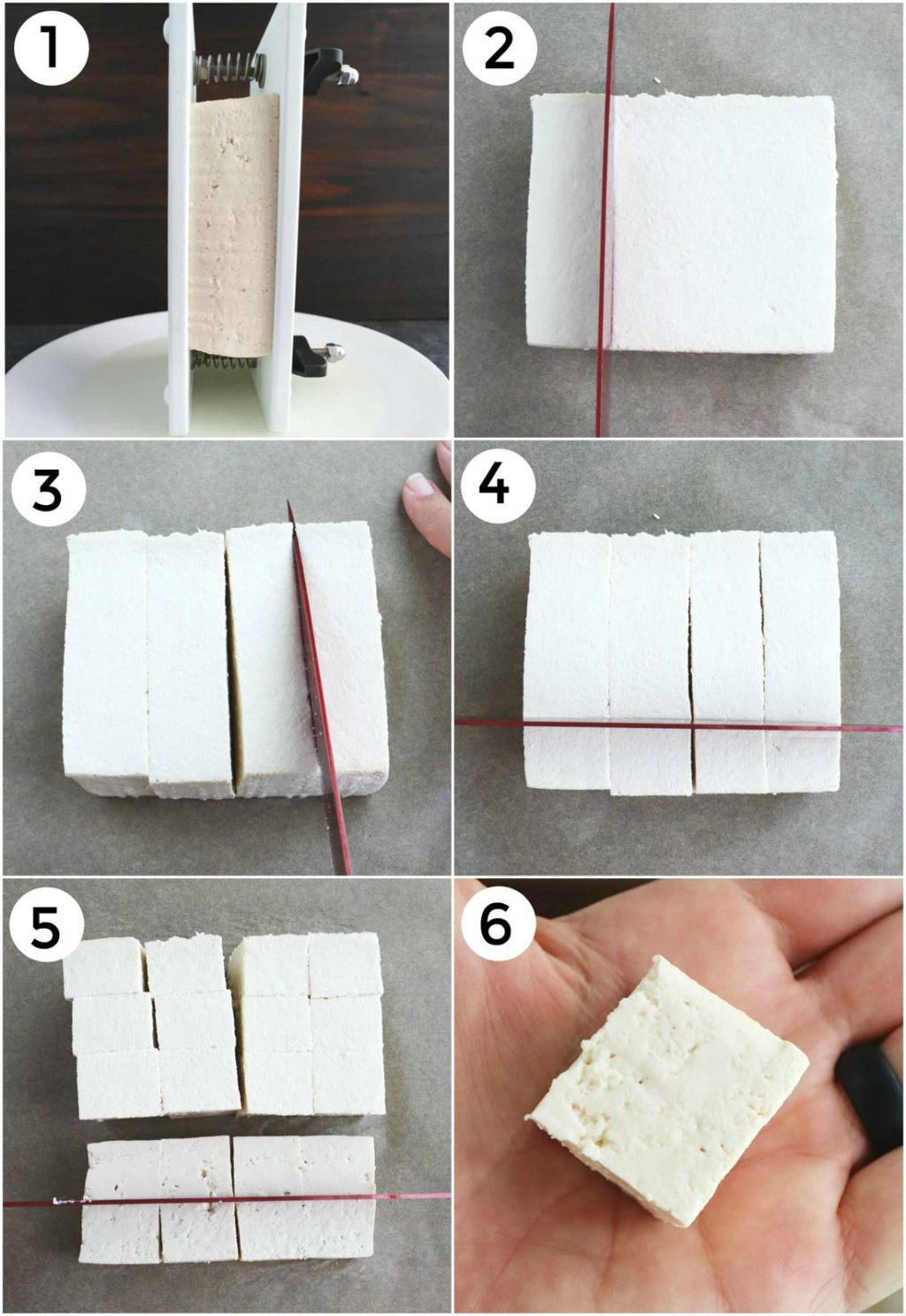 A photo collage showing how to press and slice tofu into cubes.