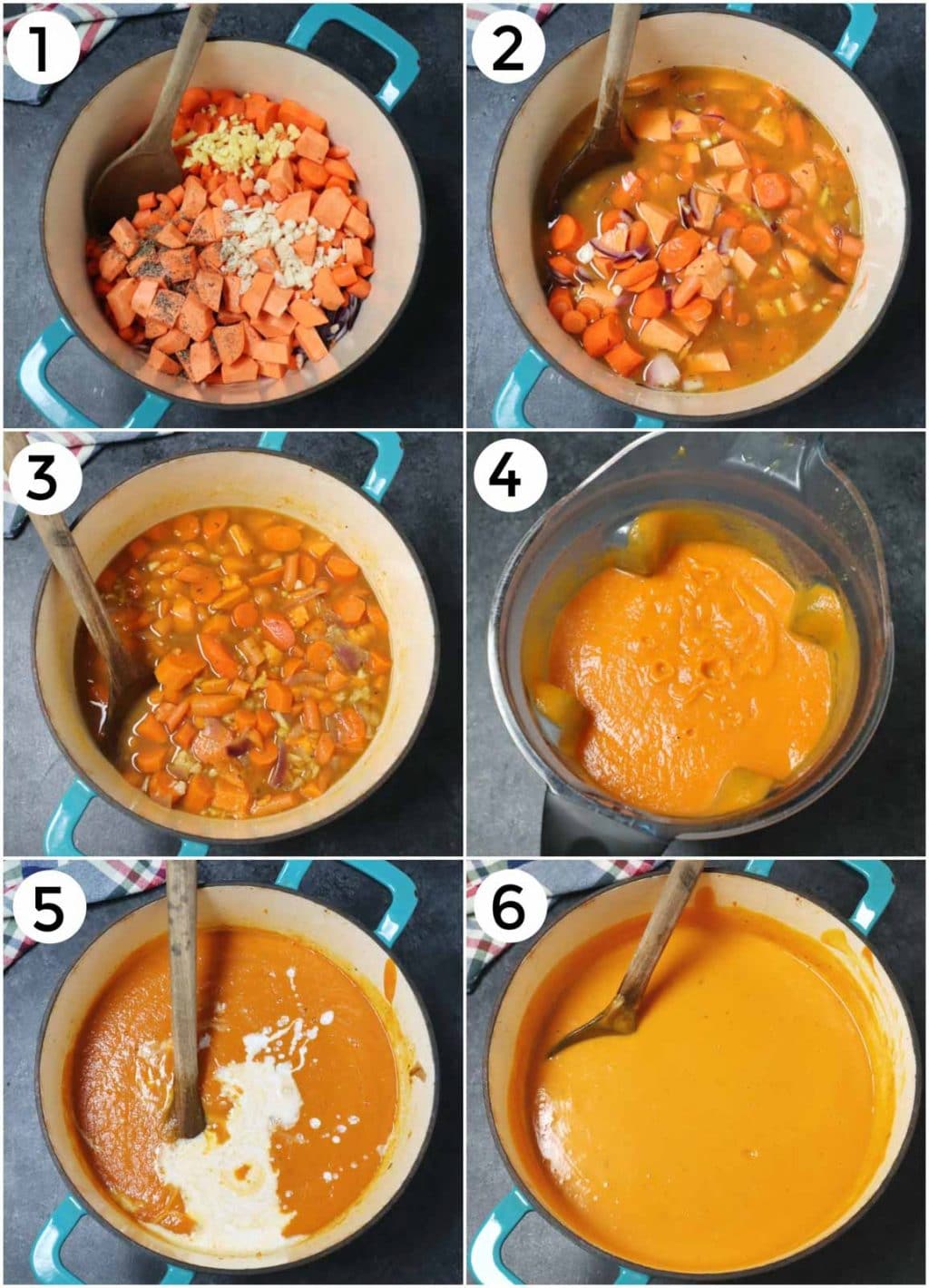 A photo collage showing how to make carrot ginger soup in a few easy steps. 