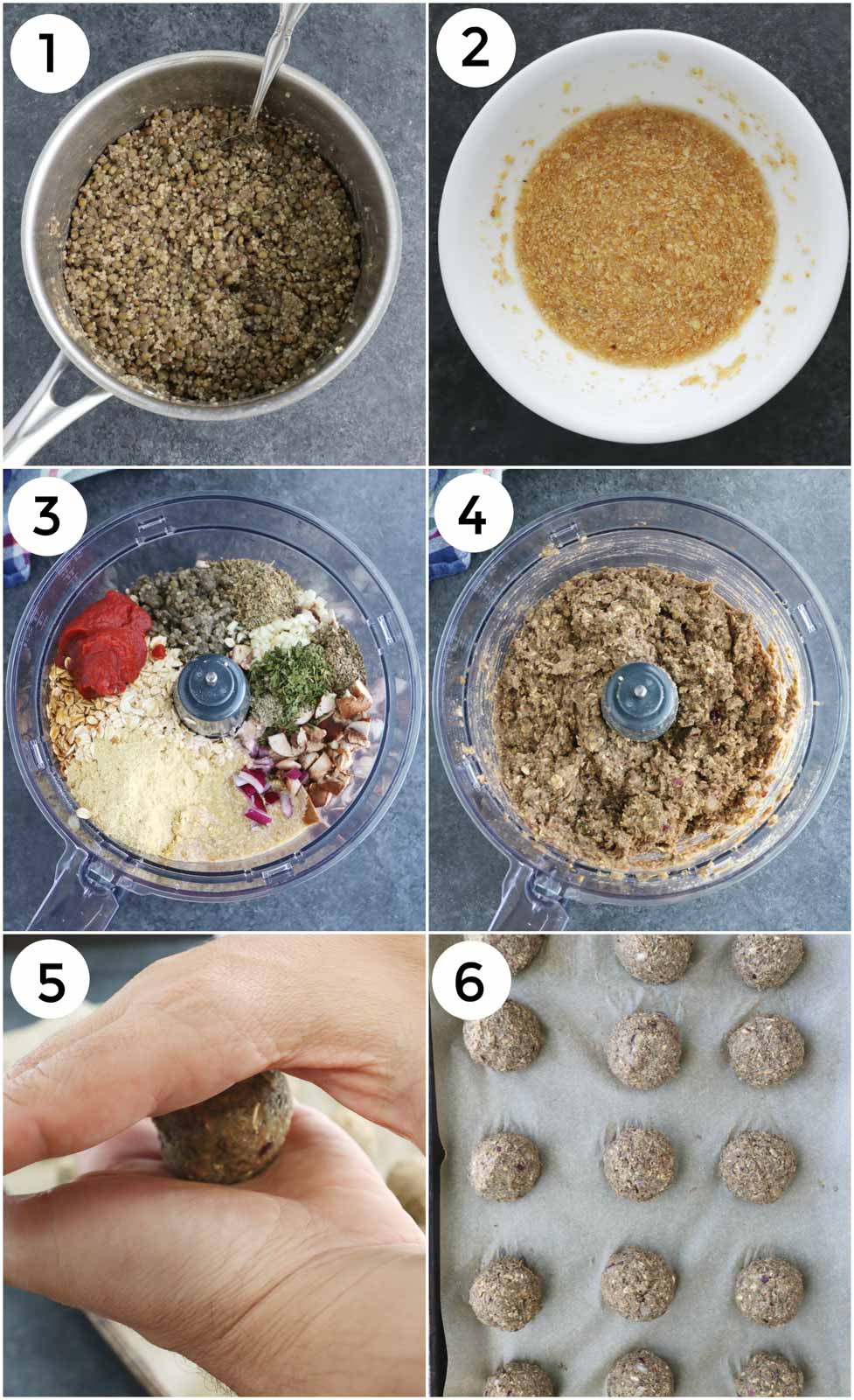 A photo collage showing how to make lentil meatballs in a few easy to follow steps.