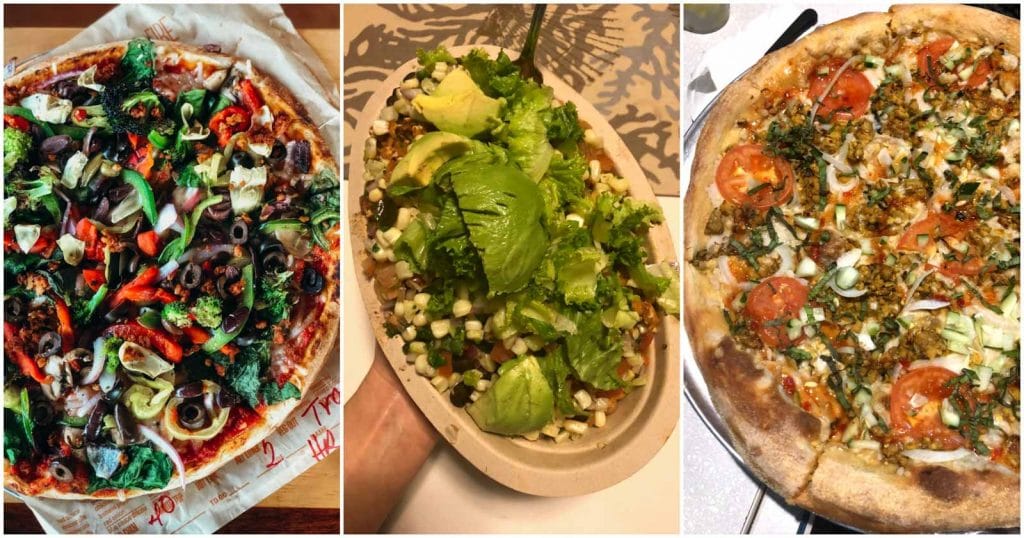 A photo collage showing vegan food at vegan-friendly chain restaurants. 