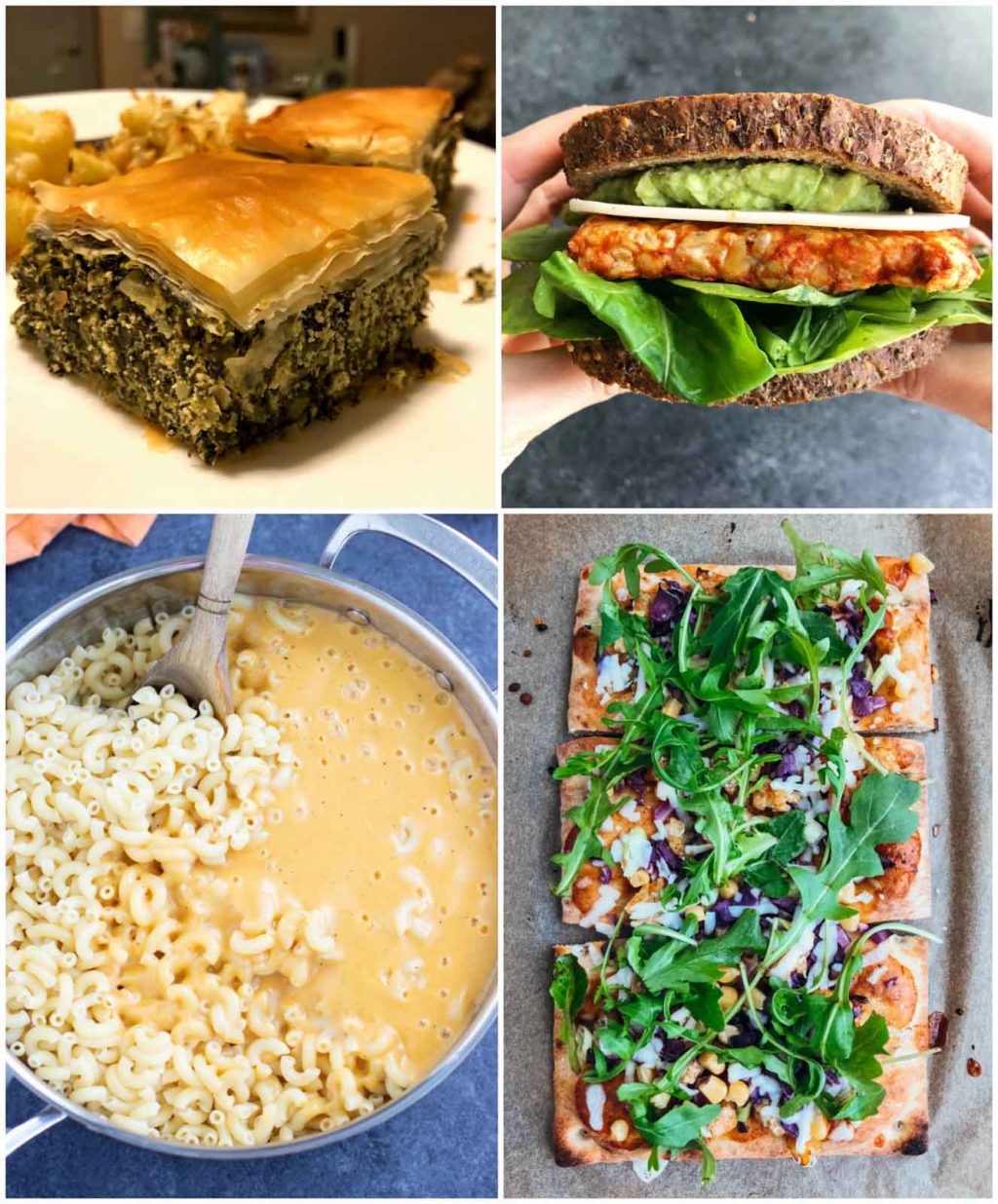 A photo collage showing pictures of recipes that use vegan dairy products. 