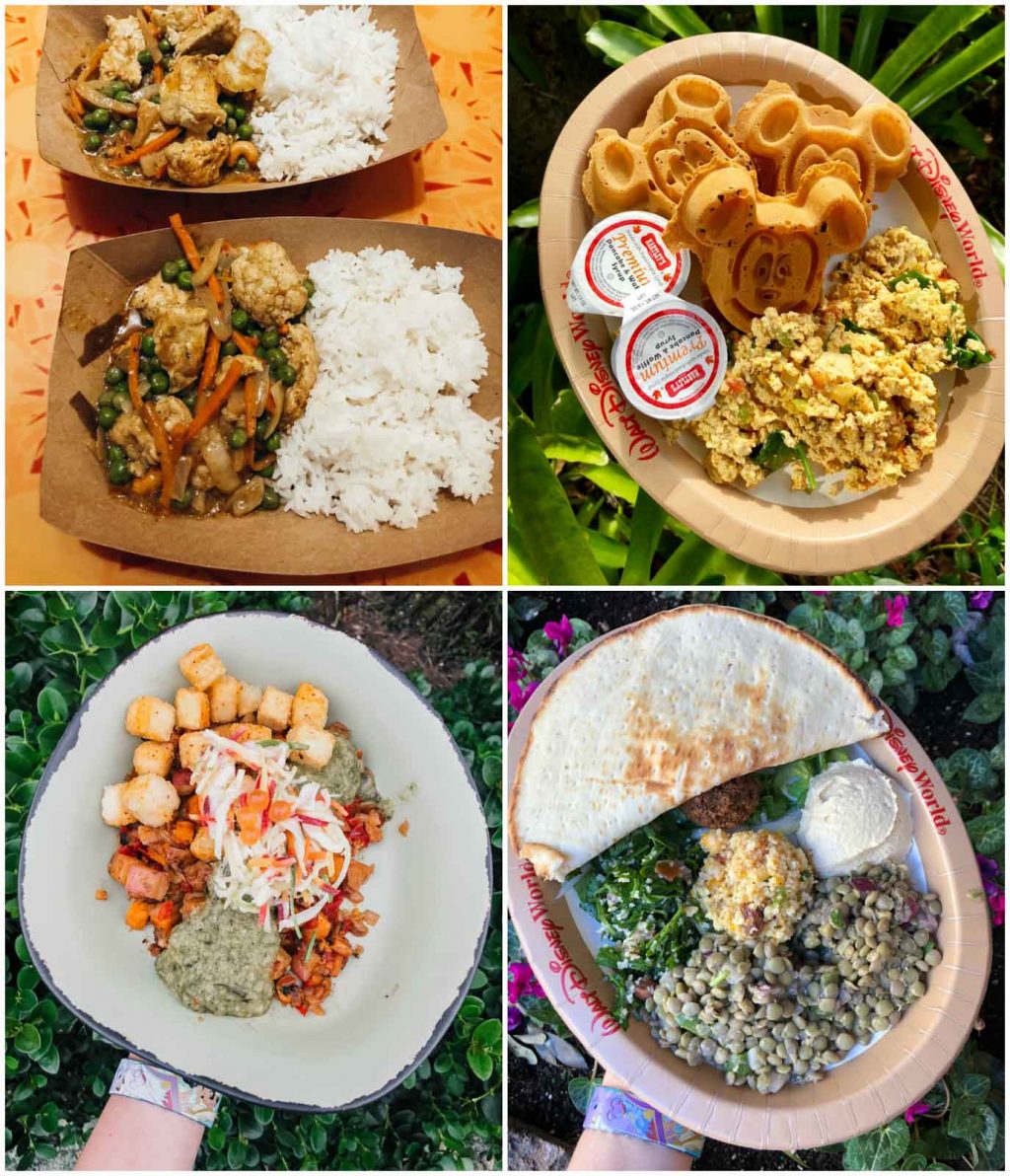 A photo collage showing multiple veganism food options at Disney World. 