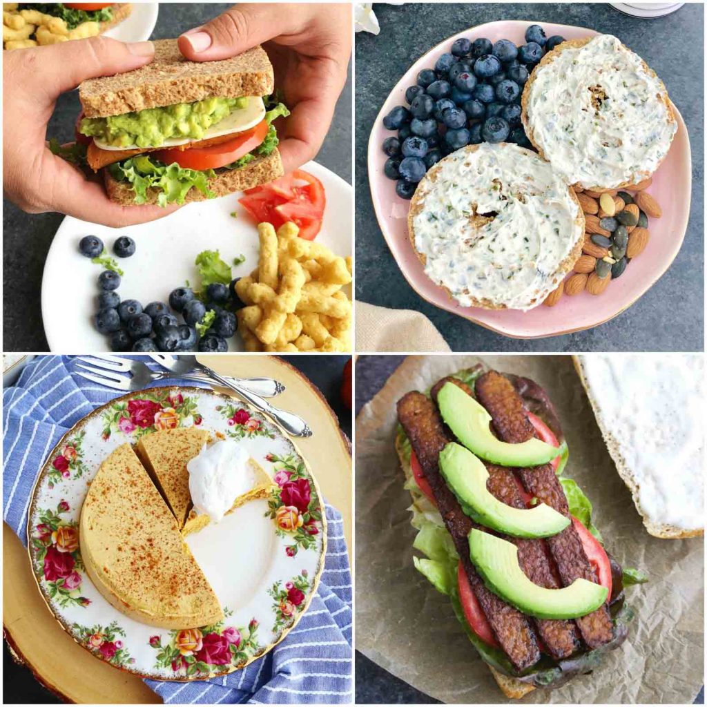 A photo collage showing veganism meals made with vegan products. 