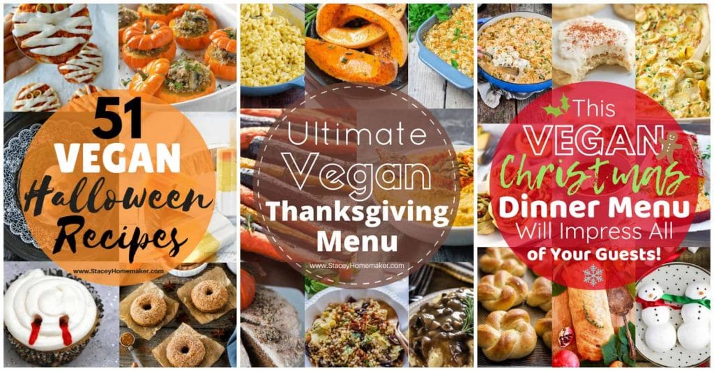 A photo collage showing pictures representing 3 veganism holiday guides. 