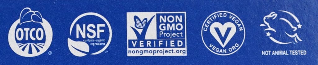 A rectangular blue label on a vegan product marked with 5 symbols. 