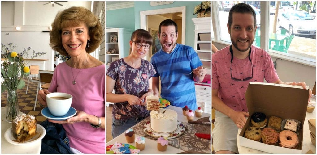 A photo collage showing a family enjoying vegan baked goods at a bakery and at home. 