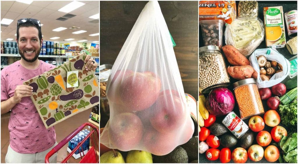 A photo collage showing a man using reusable bags to go grocery shopping. 