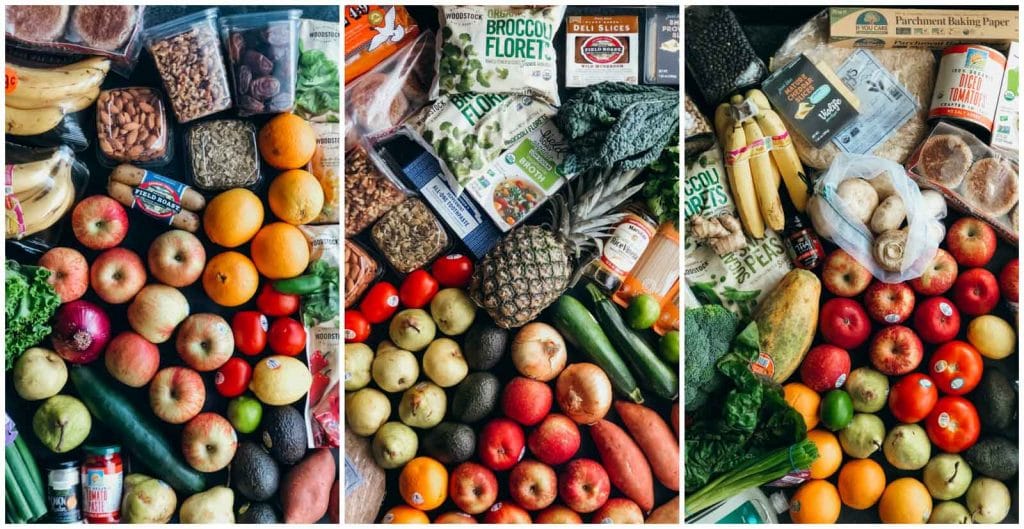 A photo collage showing pictures of multiple vegan grocery hauls. 