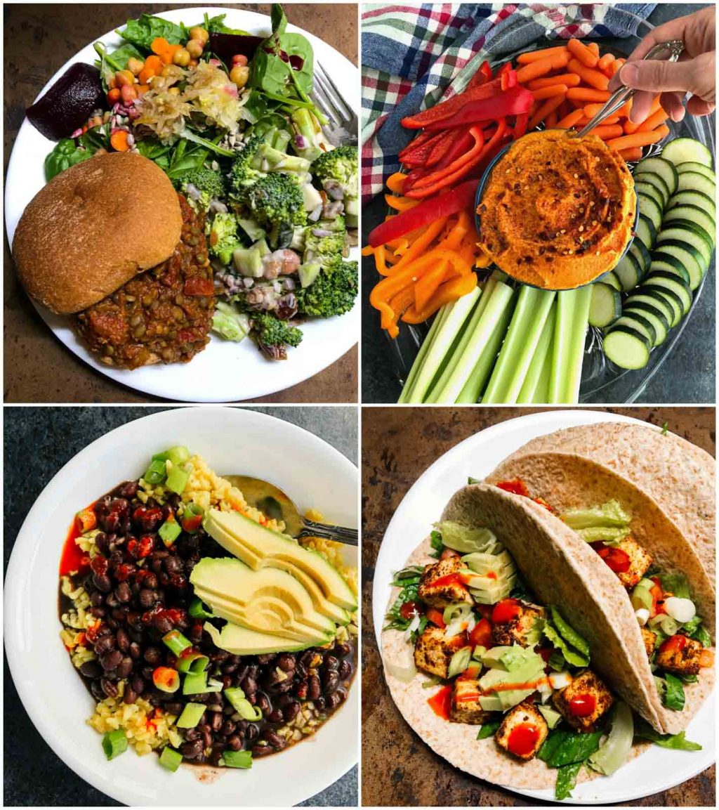 A photo collage showing pictures of high-protein vegan recipes.