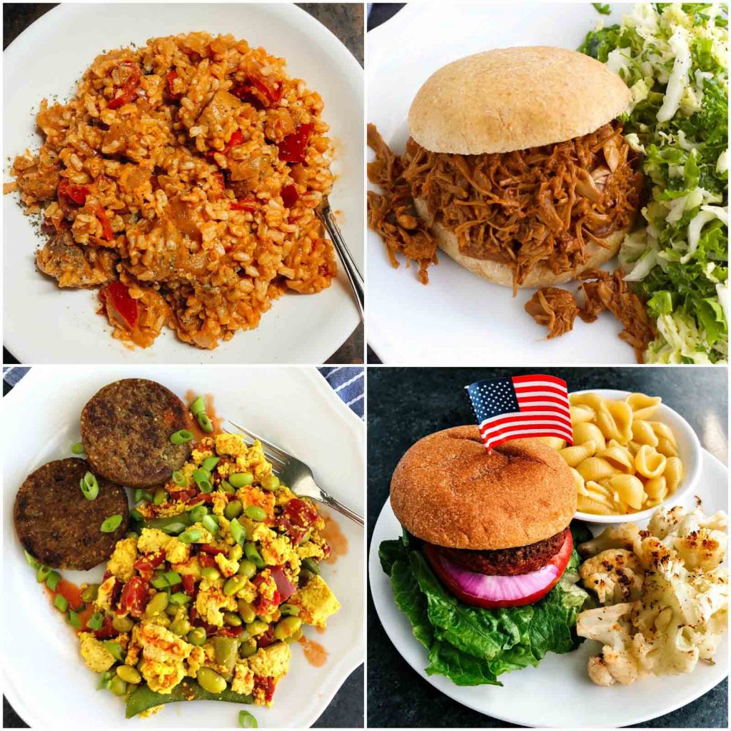 A photo collage showing pictures of recipes to use vegan meat replacements.